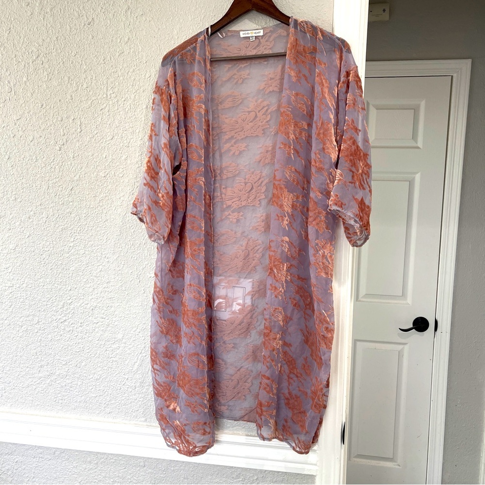 Woven Heart Sheer Lace kimono Robe - Lavender and peach/pink  Rust o/s